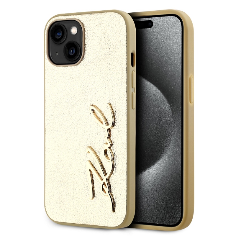 Karl Lagerfeld gyűrött PU aláírás logó hátlap iPhone 15 arany