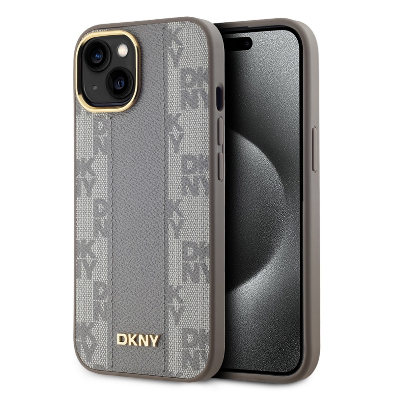 DKNY PU bőr kockás mintás Magsafe hátsó borító iPhone 15 bézs színű készülékhez