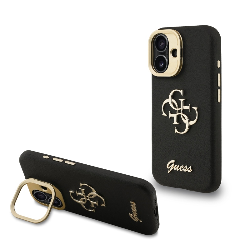 Guess PU szemcsés 4G Logo Stand Kamera keret hátlapi borító iPhone 16-hoz Fekete