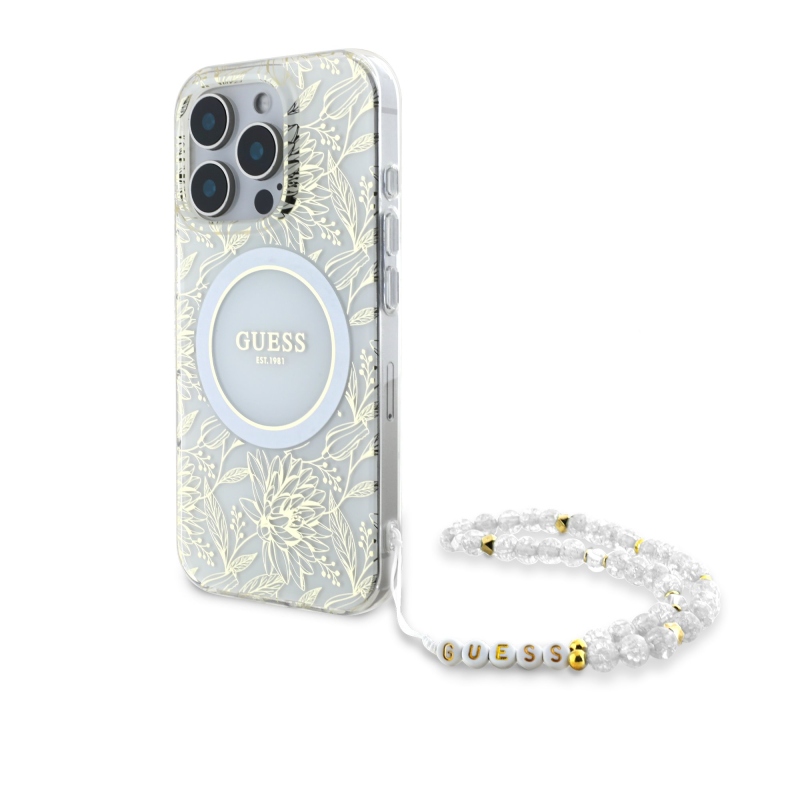 Guess IML Virágok Allover Strap MagSafe hátlapi borító iPhone 16 Pro Max fehérhez