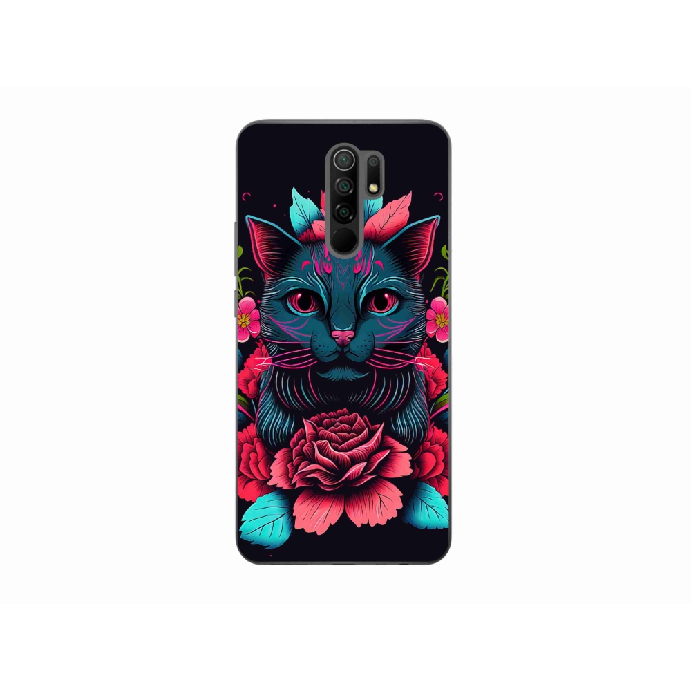 Gél borító mmCase a Xiaomi Redmi 9-hez - virágok és macska