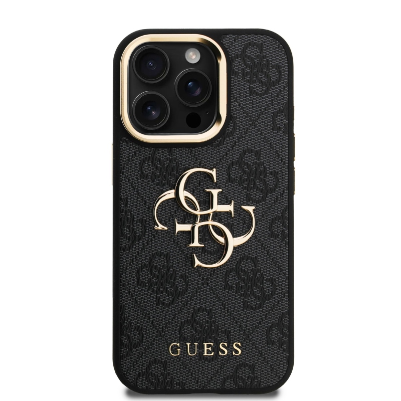 Guess PU 4G fém logó állvány kamera keret hátlapja iPhone 15 Pro Max Fekete fekete
