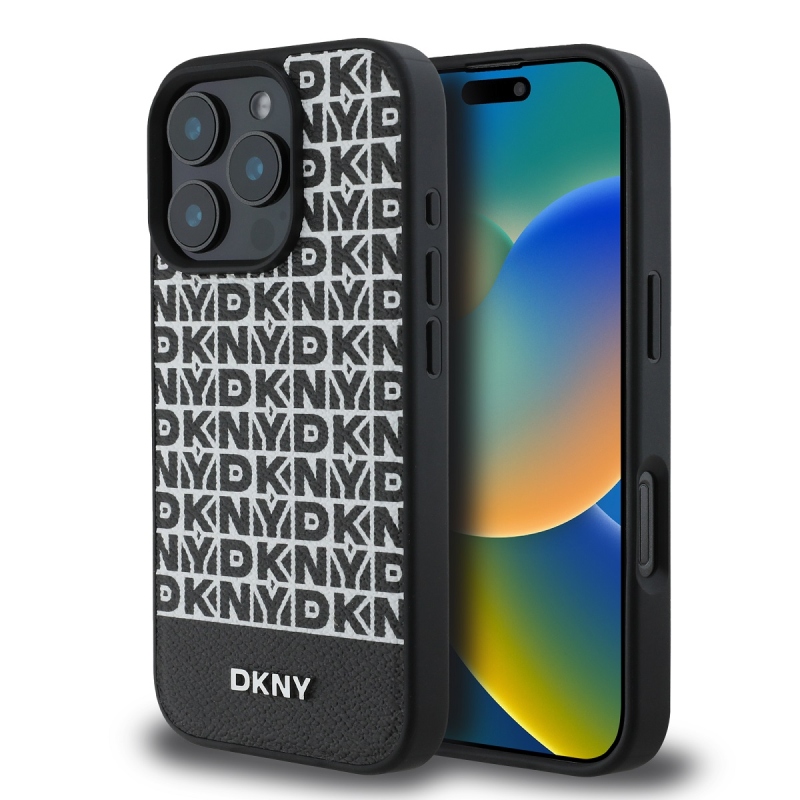 DKNY PU bőr Ismétlődő mintás alsó csík MagSafe hátlap iPhone 16 Pro Fekete