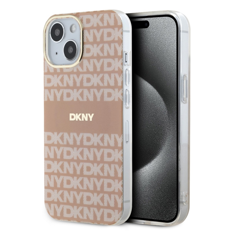 DKNY PC/TPU ismétlődő mintás tonális csíkos Magsafe hátlap iPhone 15 rózsaszínű készülékhez
