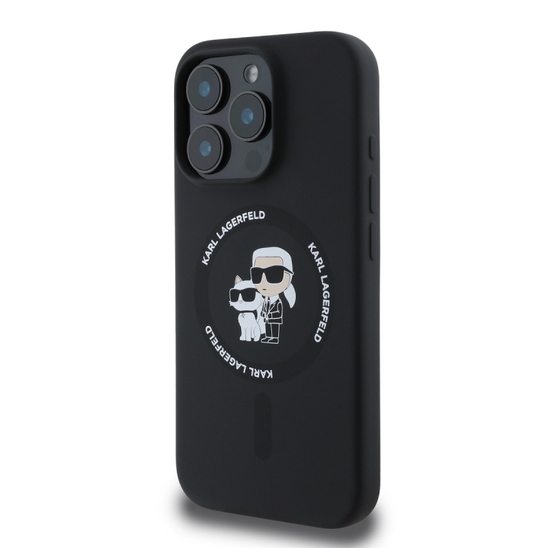 Karl Lagerfeld folyékony szilikon Karl és Choupette MagSafe hátlap iPhone 16 Pro Max-hoz Fekete
