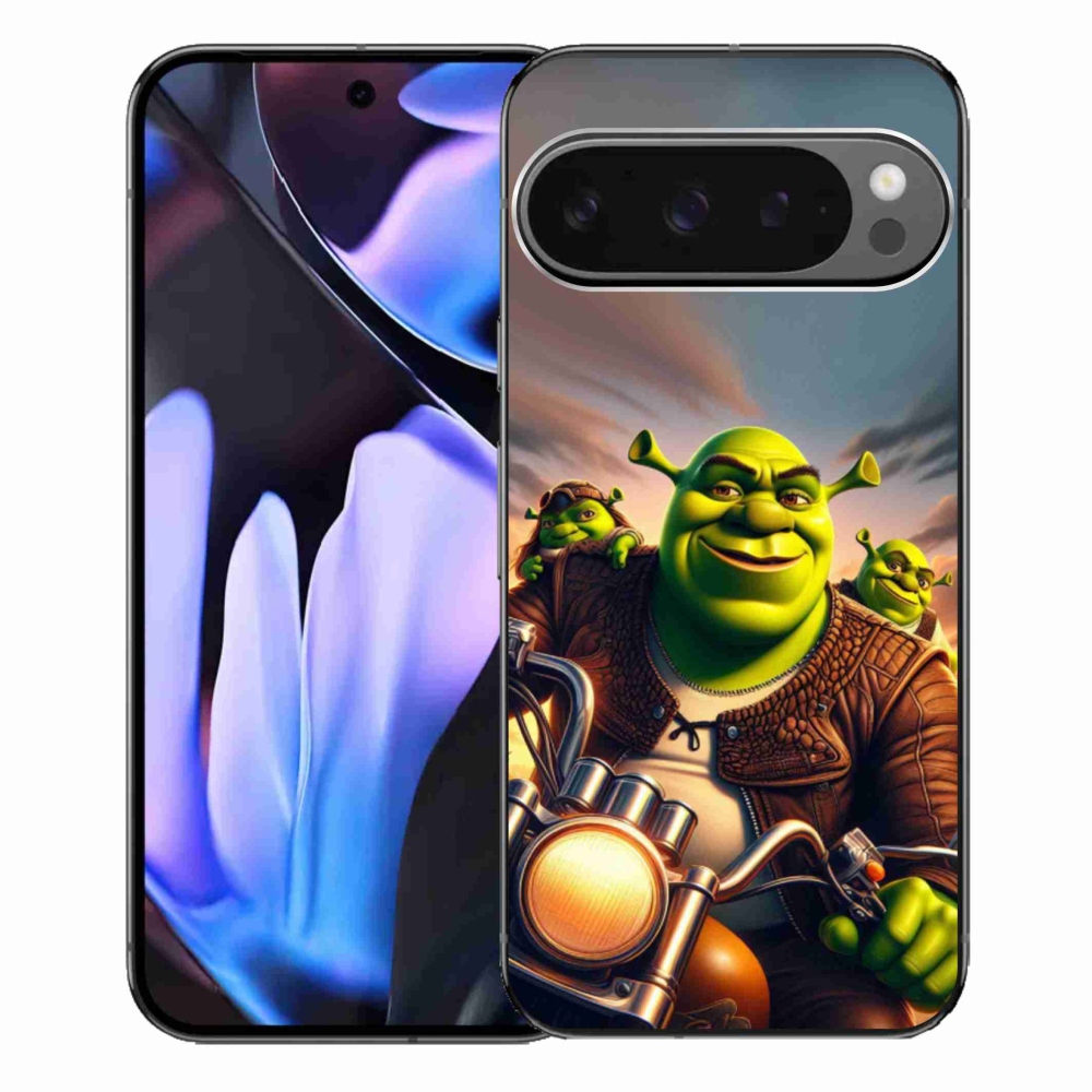 Zselés borítás mmCase a Google Pixel 9 Pro XL-hez - Shrek egy motorkerékpáron