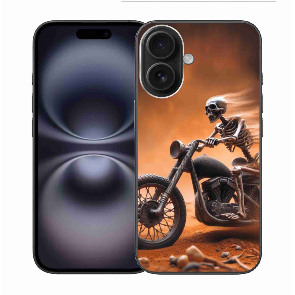 Gél borítás mmCase iPhone 16 készülékhez - csontváz egy motorkerékpáron