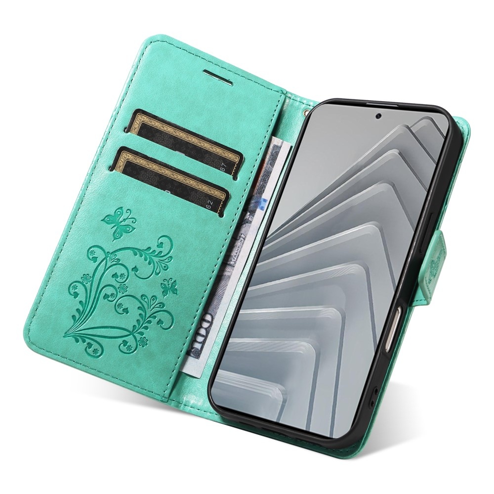 Nagy pillangó könyv tok a Xiaomi Redmi Note 14-hez - teal színű