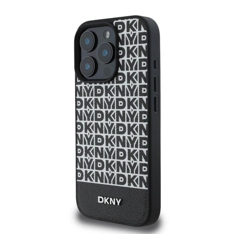 DKNY PU bőr Ismétlődő mintás alsó csík MagSafe hátlap iPhone 16 Pro Fekete