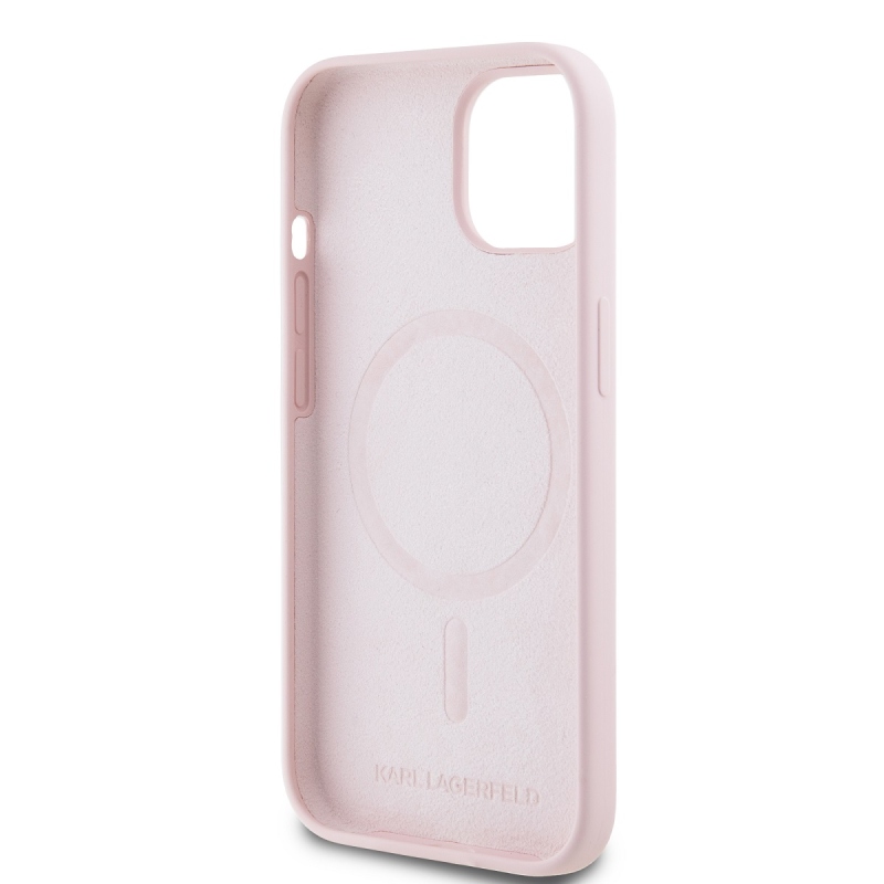 Karl Lagerfeld Folyékony szilikon Karl és Choupette Magsafe hátlap iPhone 15 rózsaszínű készülékhez
