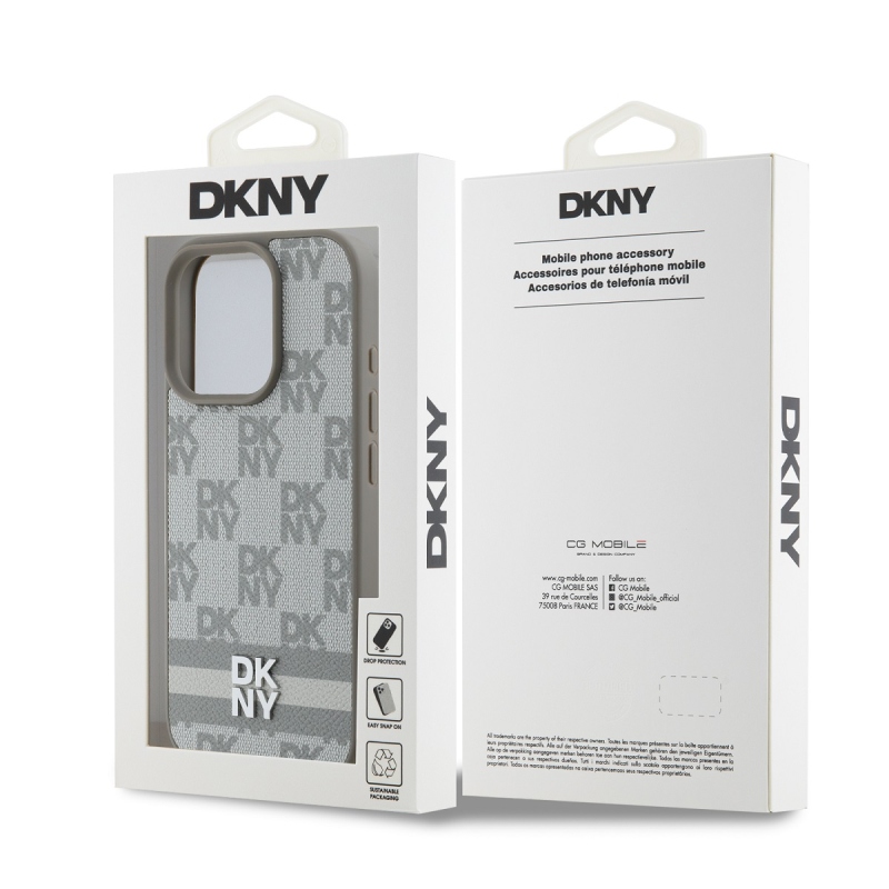 DKNY PU bőr kockás mintás és csíkos hátlapi borító iPhone 16 Pro Max bézs színűre