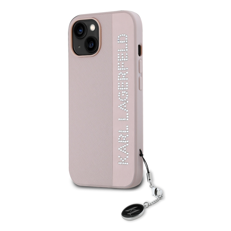 Karl Lagerfeld PU Saffiano strasszos varázslatos hátsó borító iPhone 15 rózsaszínű készülékhez
