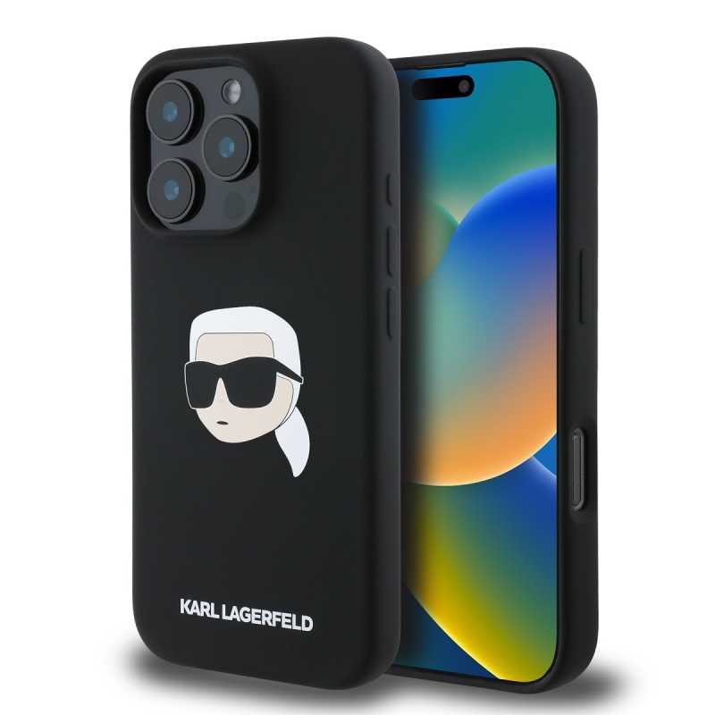 Karl Lagerfeld folyékony szilikon Karl Head MagSafe hátlap iPhone 16 Pro fekete színűre