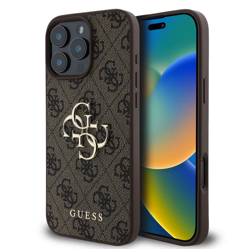 Guess PU 4G fém logós hátlap iPhone 16 Pro barna színű iPhone 16 Pro számára
