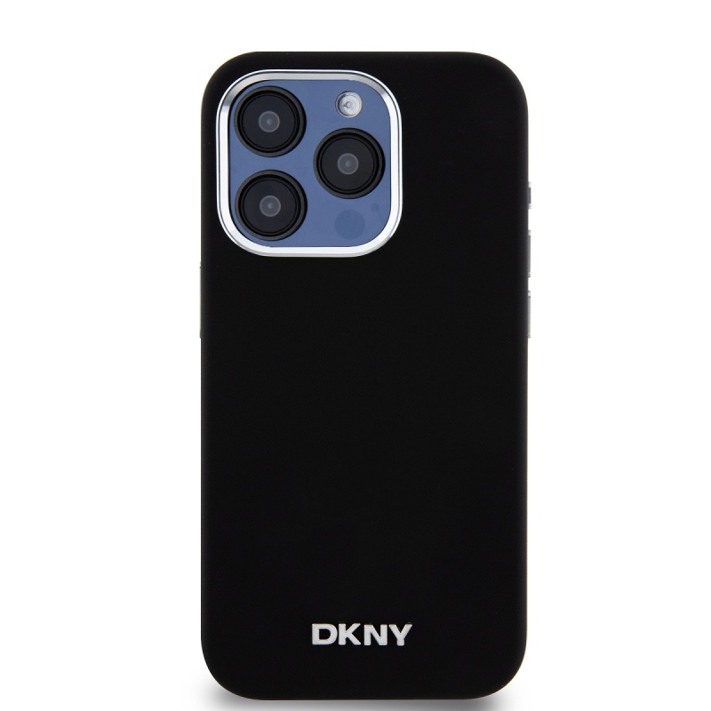 DKNY Liquid szilikon ezüst fém logó Magsafe hátlap iPhone 15 Pro Fekete