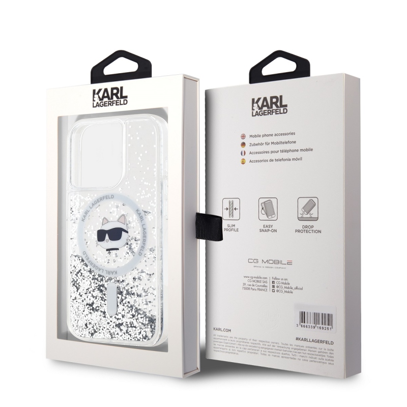Karl Lagerfeld Liquid Glitter Choupette Head MagSafe hátlap iPhone 15 Pro Max-hoz Átlátszó
