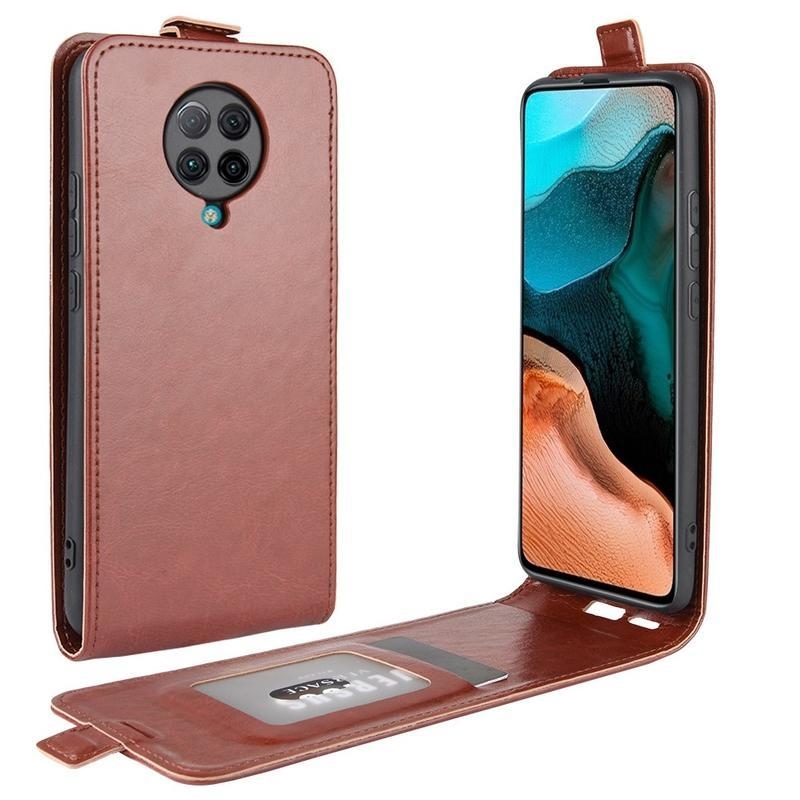 Függőleges PU bőr pénztárca tok a Xiaomi Poco F2 Pro-hoz - barna