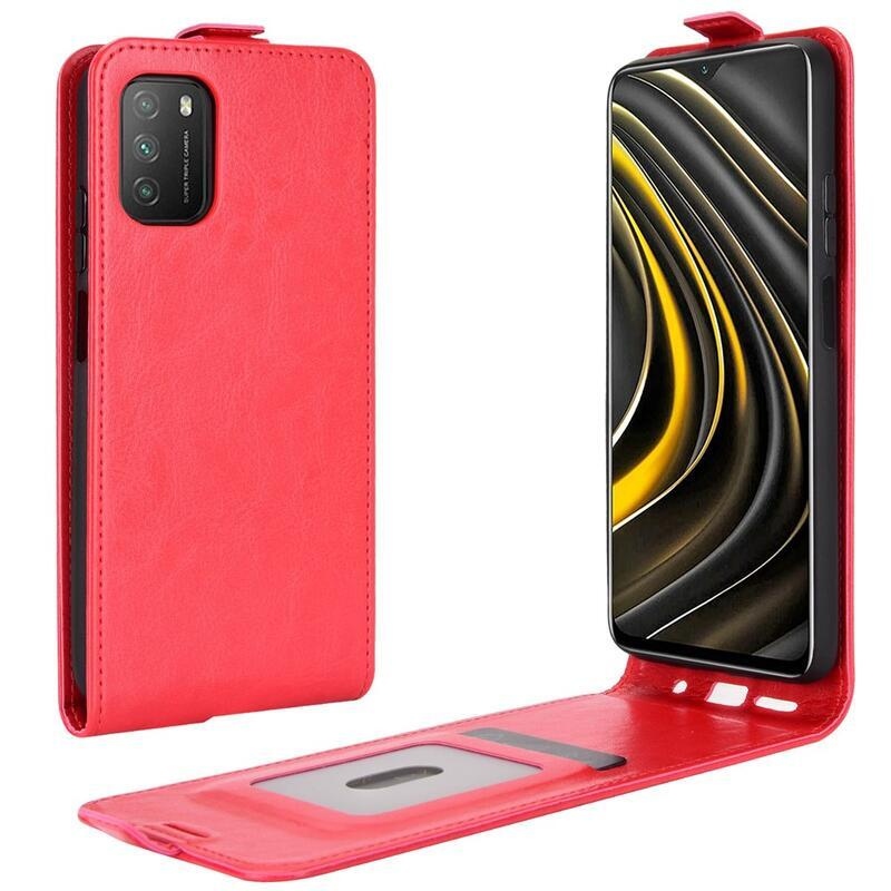 Függőleges PU bőr tok Xiaomi Poco M3-hoz - piros