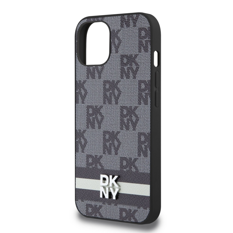 DKNY PU bőrből készült kockás mintás és csíkos hátlapi borító iPhone 12/12 Pro fekete színhez