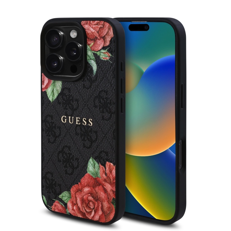 Guess PU bőr 4G rózsák MagSafe hátlap iPhone 16 Pro Fekete