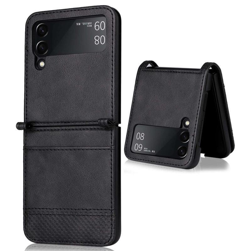 Vintage műanyag borító PU bőrrel borított mobiltelefonra Samsung Galaxy Z Flip4 5G - fekete