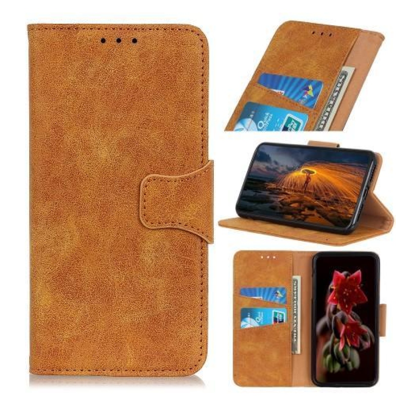 Vintage stílusos PU bőr pénztárca tok állvánnyal Samsung Galaxy A80-hoz - barna