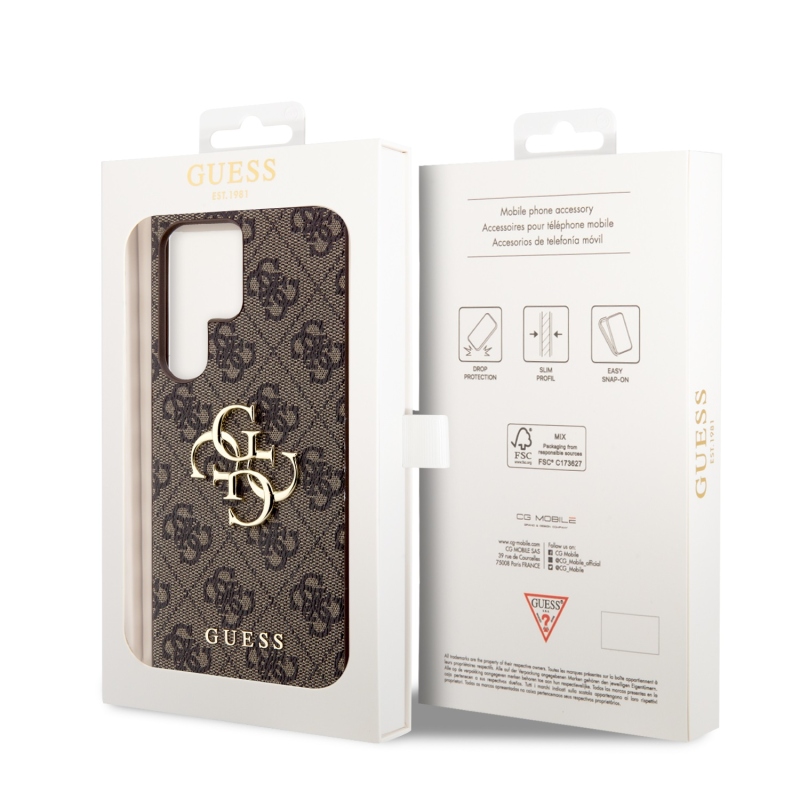 Guess PU 4G fém logós hátlap Samsung Galaxy S24 Ultra Brown számára