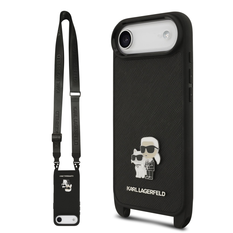 Karl Lagerfeld Saffiano Crossbody Strap Metal Karl és Choupette hátlapi borító iPhone Airhez Fekete