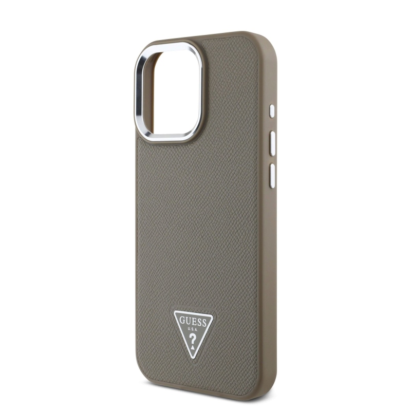 Guess PU szemcsés, háromszög alakú logós hátlap iPhone 16 Pro barna színű készülékhez