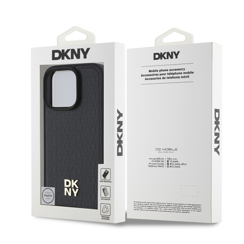 DKNY PU bőr Ismétlődő mintás Stack Logo MagSafe hátlap iPhone 16 Pro Fekete