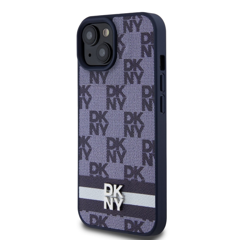 DKNY PU bőr kockás mintás és csíkos hátlapi borító iPhone 15 kékhez