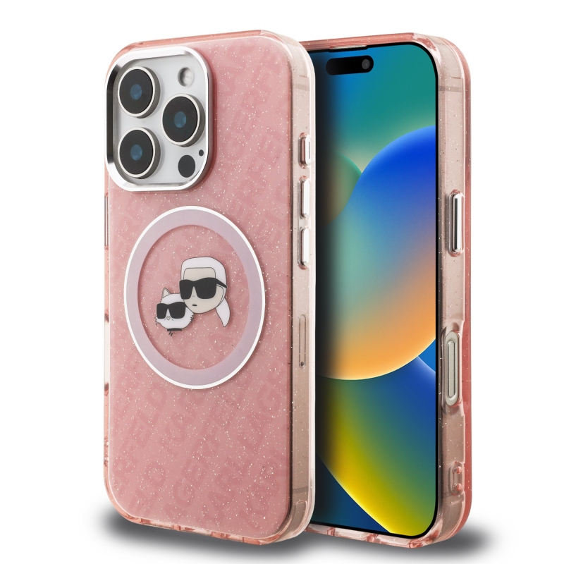 Karl Lagerfeld IML K&CH Heads Ismételt logó MagSafe hátlapi borító iPhone 16 Pro rózsaszínhez
