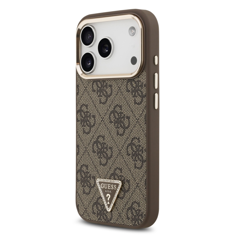 Guess PU bőr 4G Strass háromszög logó arany keret MagSafe hátlap iPhone 17 Pro barna 17 Pro barna