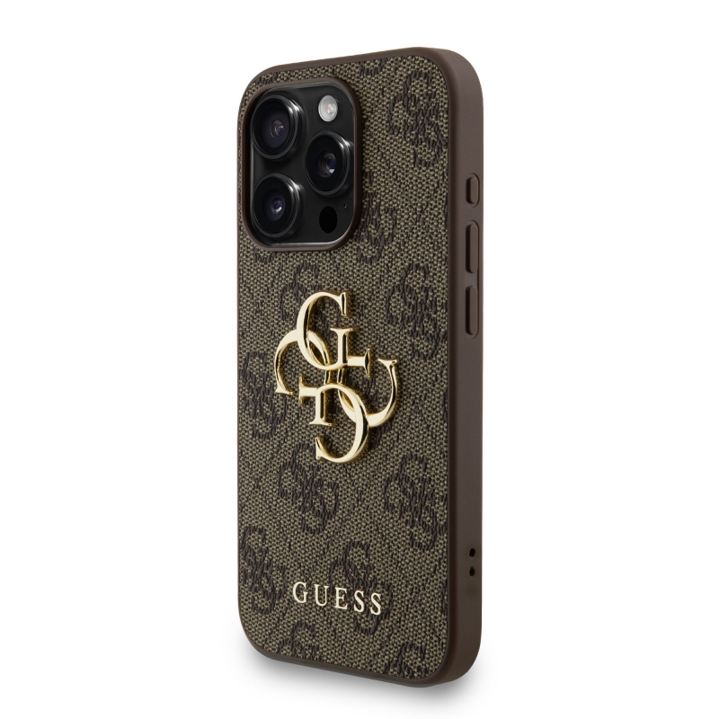 Guess PU 4G fém logós fém pánt hátlap iPhone 15 Pro Max barna színű borítóhoz