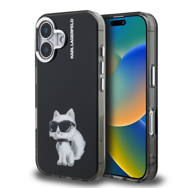 Karl Lagerfeld IML Aquarelle Choupette hátlapi borító iPhone 16-hoz Fekete