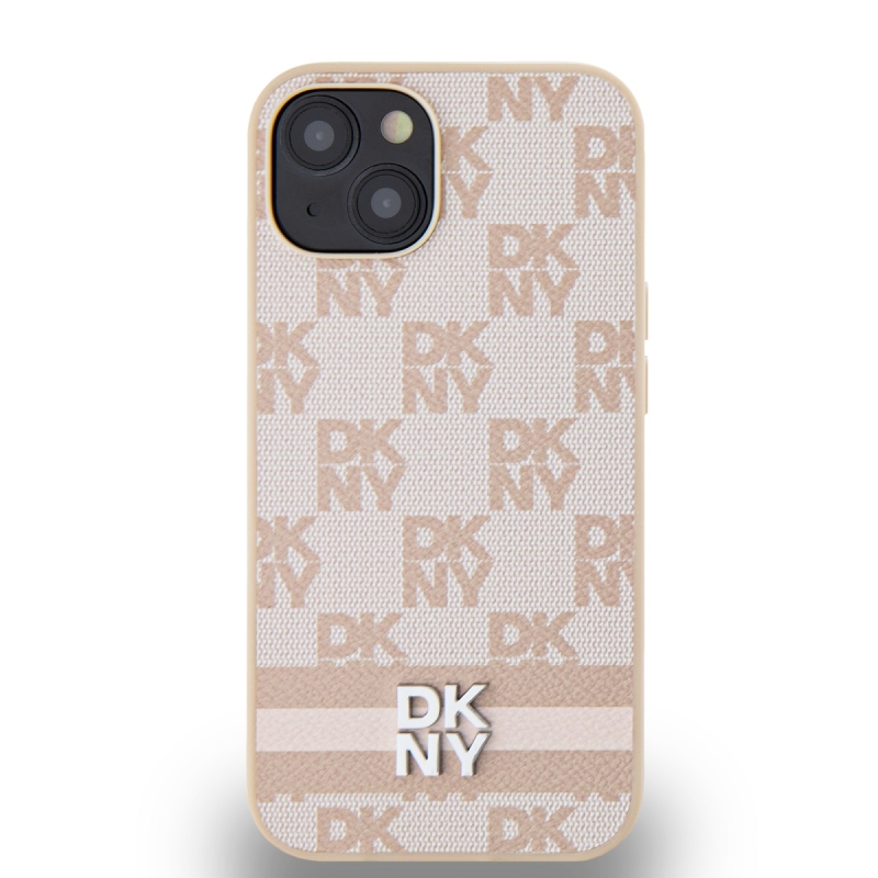 DKNY PU bőr kockás mintás és csíkos hátlapi borító iPhone 14 rózsaszínhez