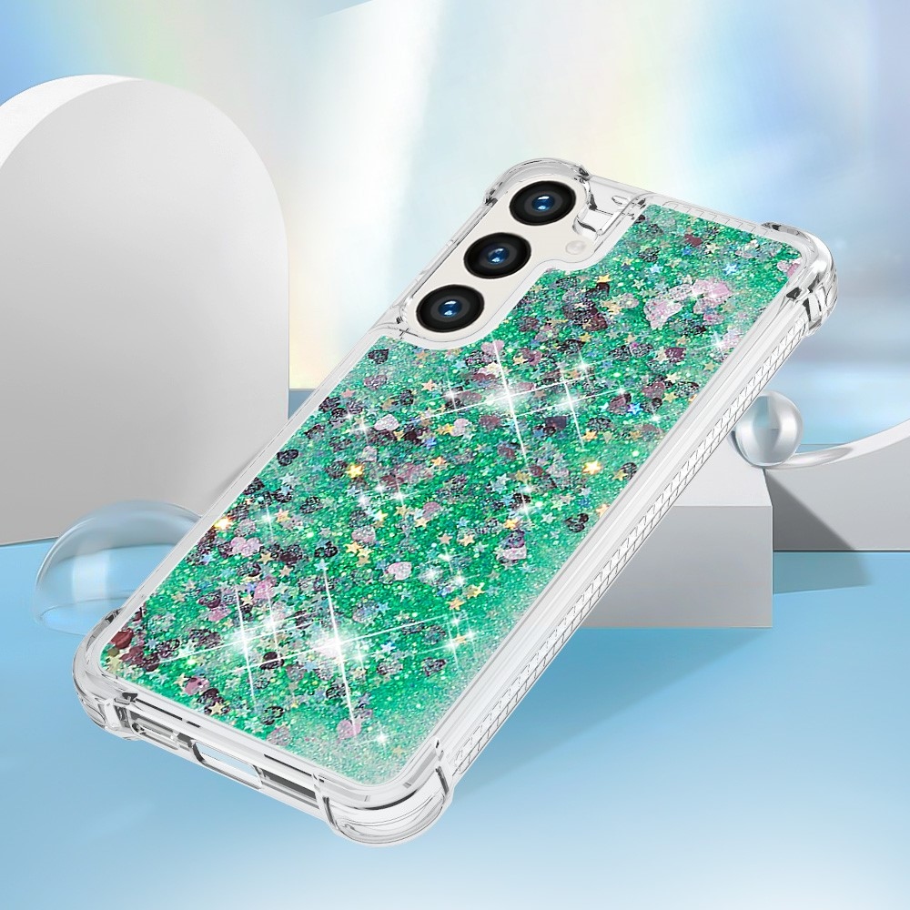 Glitter homokóra zselés tok Samsung Galaxy S24 készülékhez - zöld/szívek