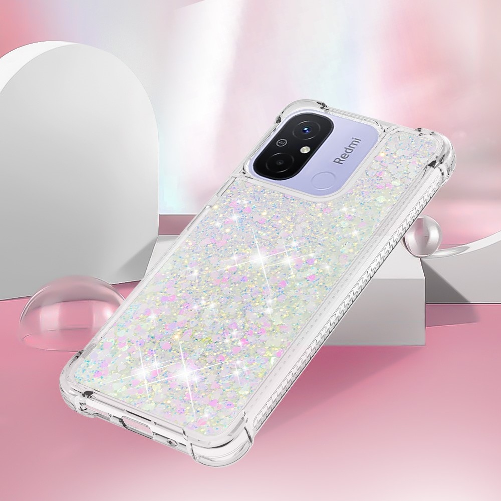 Csillogó homokóra zselés tok Xiaomi Redmi 12C - rózsaszín/ezüst/szív