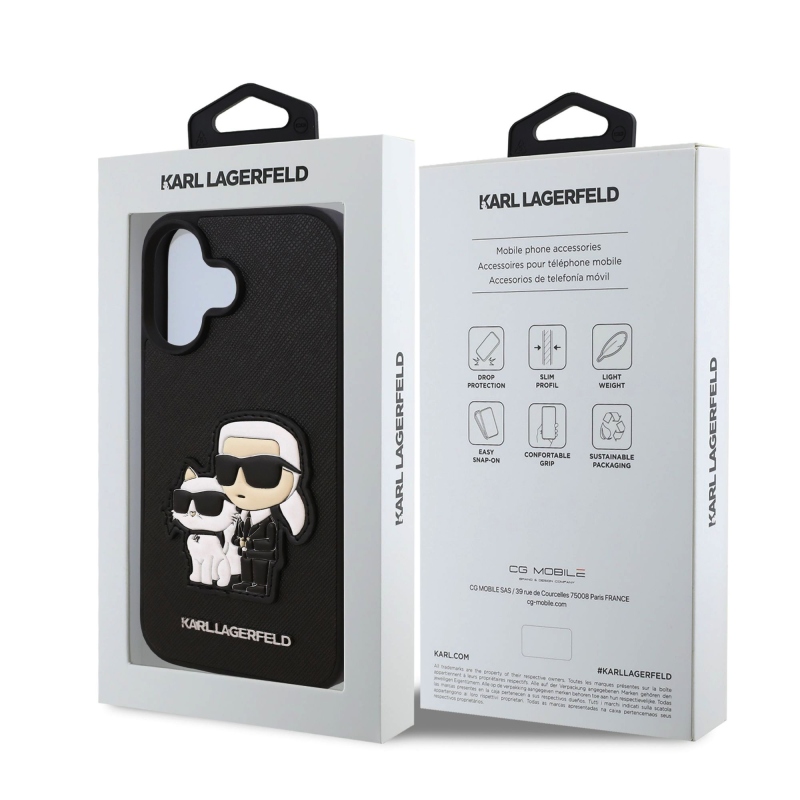 Karl Lagerfeld PU Saffiano Karl és Choupette hátlapi borító iPhone 16-hoz Fekete