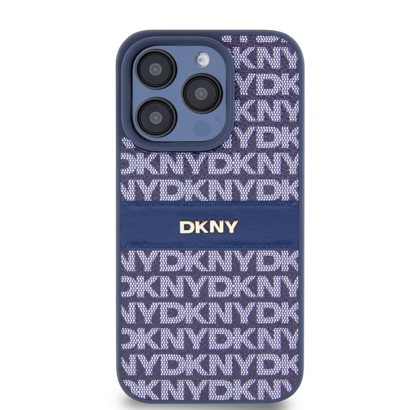 DKNY PU bőr ismétlődő mintás tonális csíkos hátlapi borító iPhone 14 Pro Max kékhez