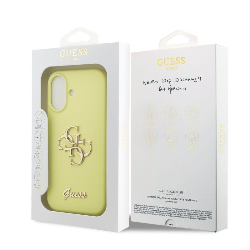 Guess Liquid szilikon 4G fém logós hátlap iPhone 17 Sárga