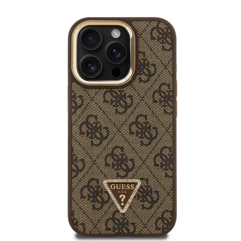 Guess PU 4G Strass háromszög logó állvány kamera keret MagSafe hátlapi borító iPhone 15 Pro Max barna barna