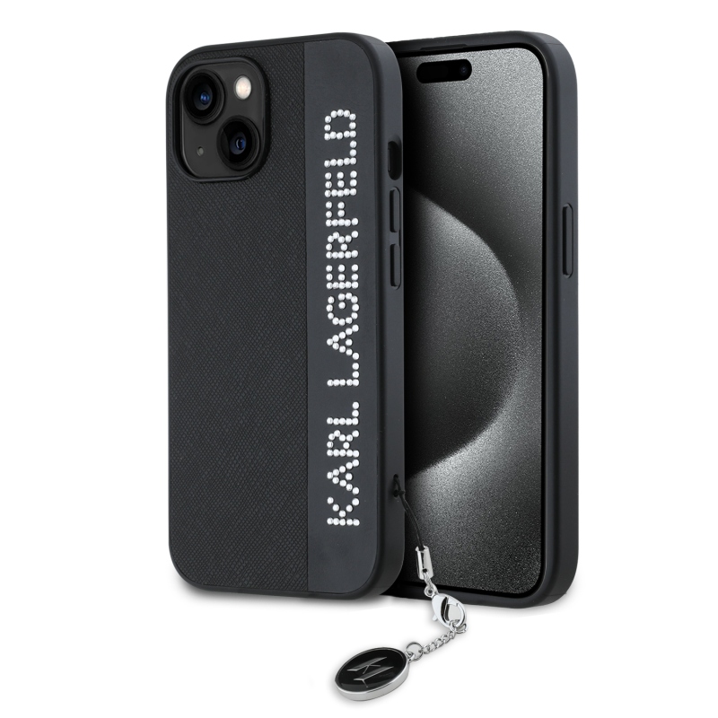 Karl Lagerfeld PU Saffiano strasszos varázslatos hátsó borító iPhone 15-hez Fekete