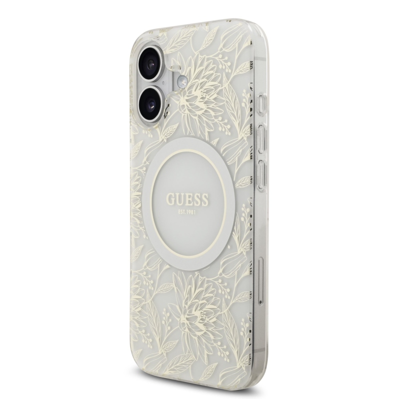 Guess IML Virágok Allover Strap MagSafe hátlapi borító iPhone 17 Fehér