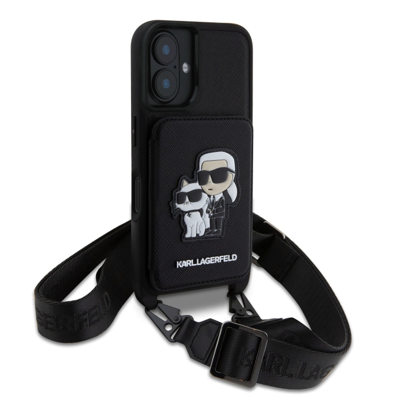 Karl Lagerfeld Saffiano Crossbody Strap Karl és Choupette borító iPhone 16-hoz Fekete