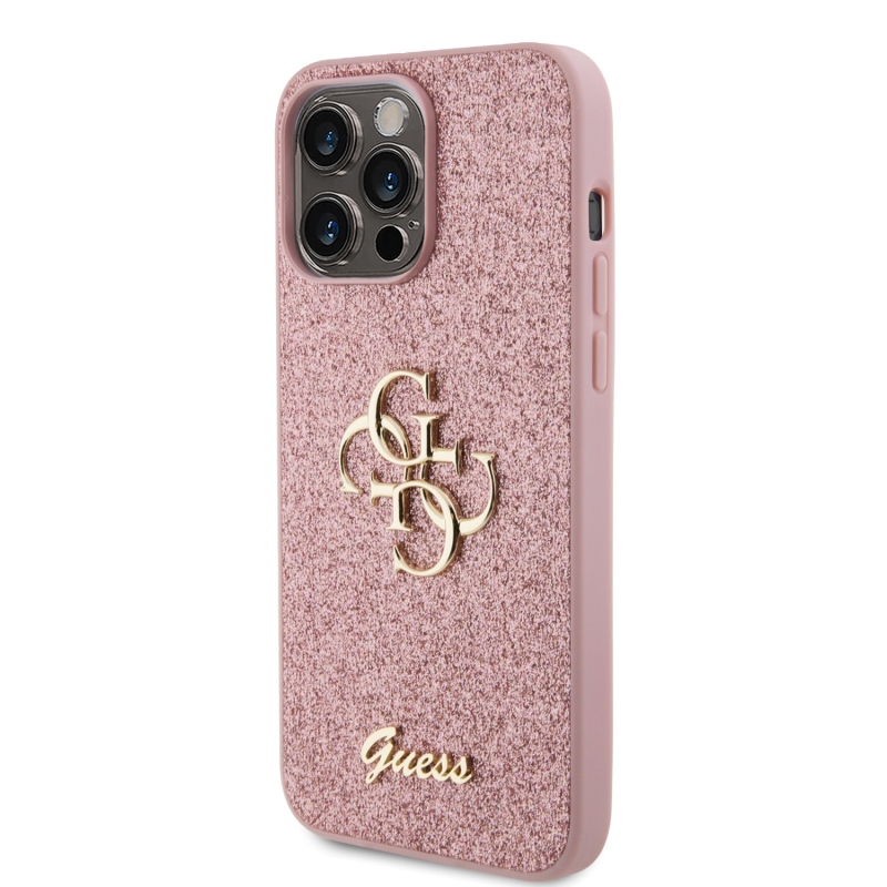 Guess PU Fixed Glitter 4G fém logós hátlap iPhone 15 Pro Max rózsaszínhez