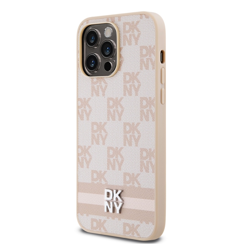 DKNY PU bőr kockás mintás és csíkos hátlapi borító iPhone 15 Pro Max rózsaszínhez