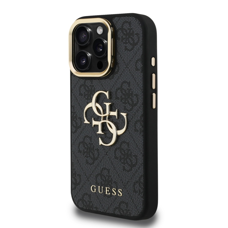 Guess PU 4G fém logó állvány kamera keret hátlapja iPhone 15 Pro Max Fekete fekete