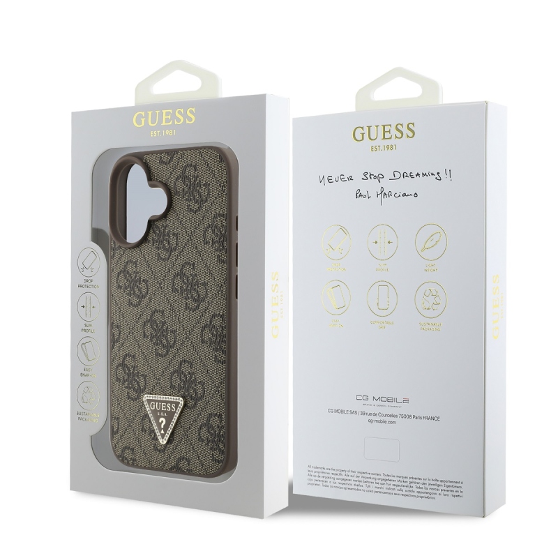 Guess PU 4G Strass háromszög fém logó hátlap iPhone 16-hoz barna barna