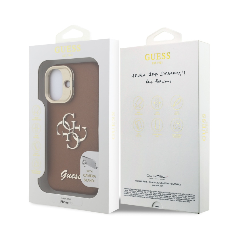 Guess PU szemcsés 4G Logo Stand Kamera keret hátlapi borító iPhone 16 barna barna